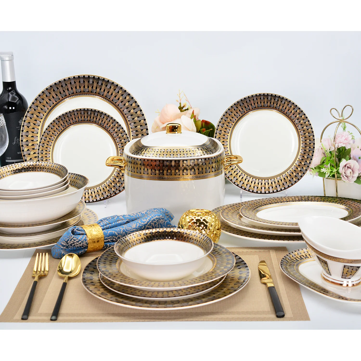 karosa 56pcs luxury embossed gold with silver design royal style bone china porcelain tableware dinnerware dinner sets