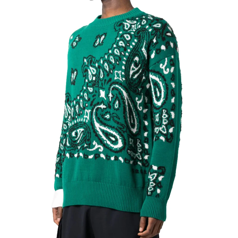 New Trendy Streetwear Paisley Knit Cotton Sweater Men Bandana Jacquard Oversized Custom Sweaters