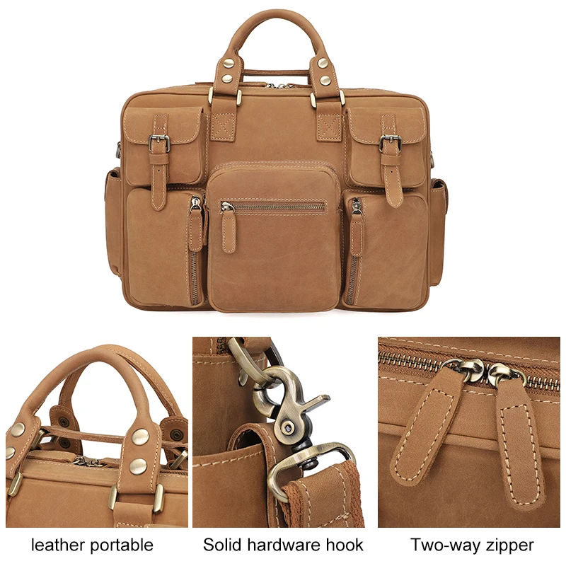New High Quality Luxury 15.6 Inch Crazy Horse Leather Briefcase Men Satchel Laptop Genuine Leather Soft Briefcase Bag