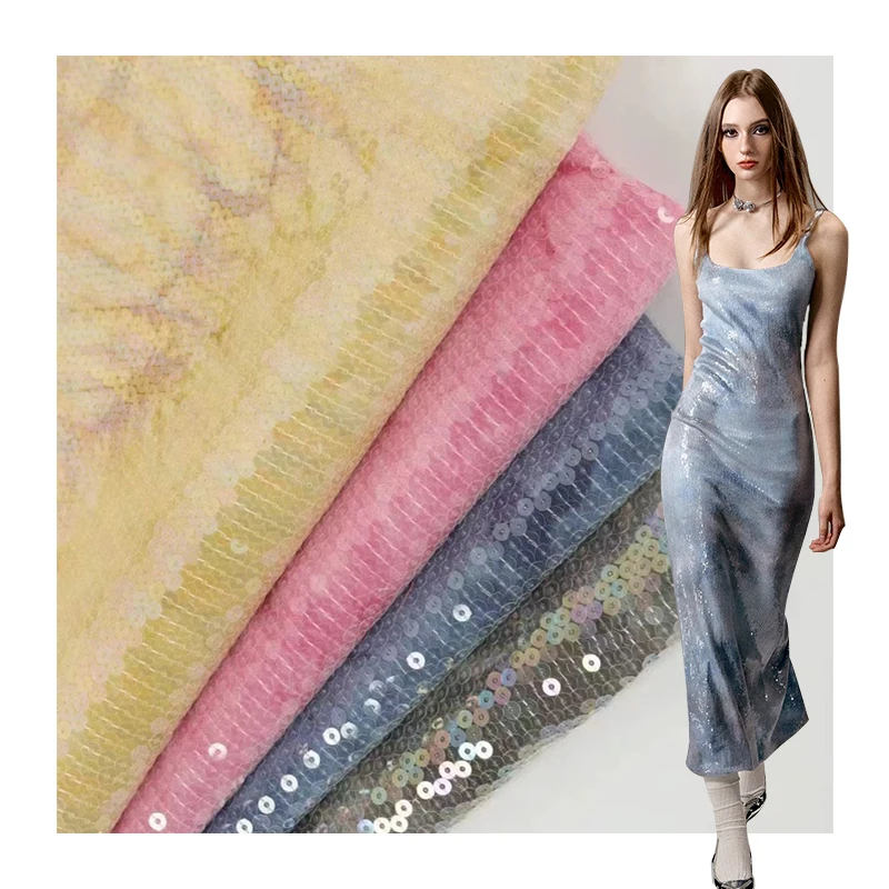 specifications and price reasonable wedding bridal fabric Tie dyeing embroidery fish scale sequin fabric