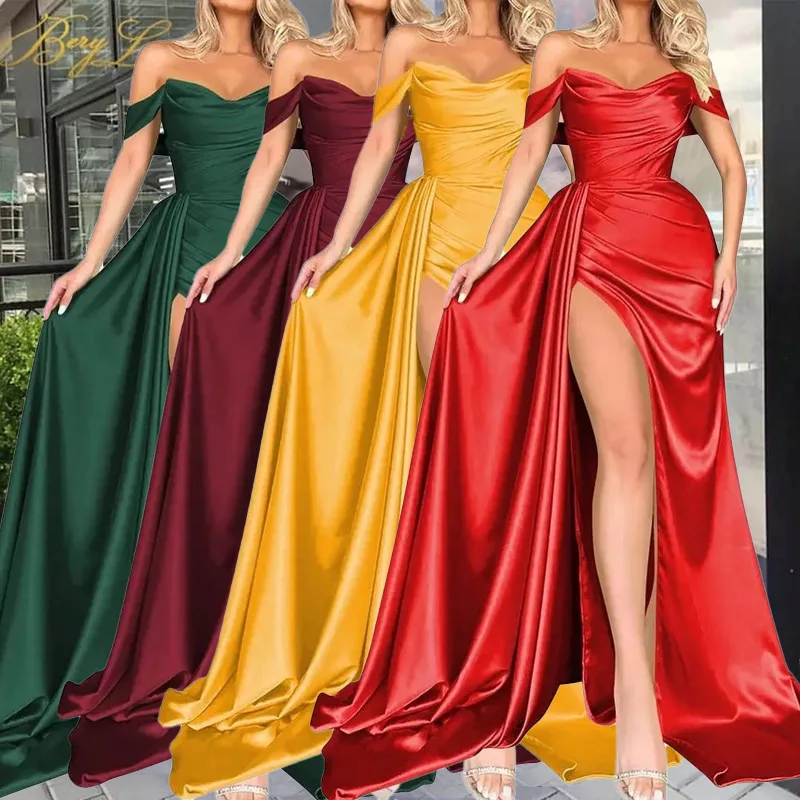 2023 Design solid color prom dress short sleeves woman party dress Formal Dinner Ball Gowns sexy off-shoulder  Evening Dresses