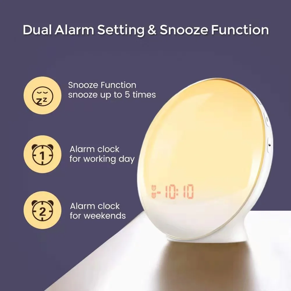Smart Dual Alarm Clock 7 Colorful Bedside Light Sunrise Simulation Wake Up Light With FM Radio Wake Up Light