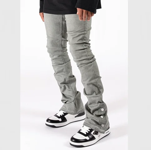 Custom Stacked Bottom Denim Private Label Stretch Distressed Jeans With Printing Ripped Men Washed Pants