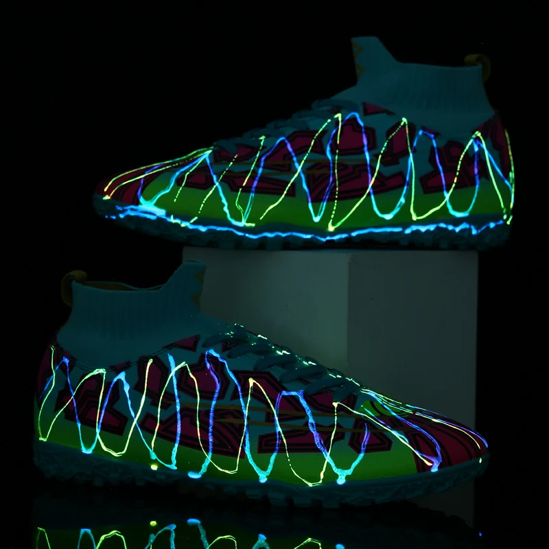 
Jinjiang oem factory Men Sports High Ankle Football Boots Shoe Outdoor Indoor luminous Soccer shoes High Top football sneaker 