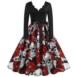Plus Size V Neck Long Sleeve Fall Dresses Halloween Skater Elegant Vintage Pumpkin Skull Flower Print Rock Evening Party Dress