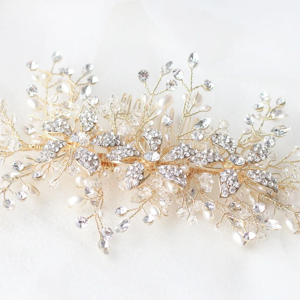 Свадебный головной убор ручной работы SG1001, золотистый, серебристый цветочный гребень для волос, крошечные аксессуары из бисера, цветочный головной убор для невесты