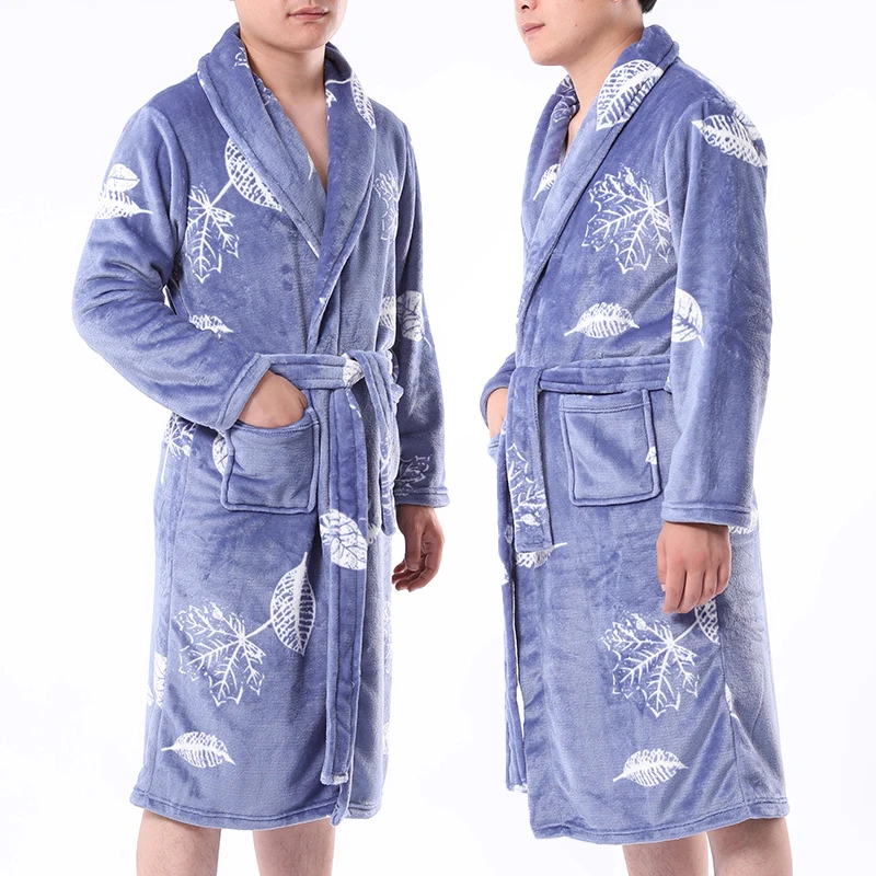 
high quality fashion white leaves printed drawstring flannel one piece sleepwear men luxury pajamas from china 