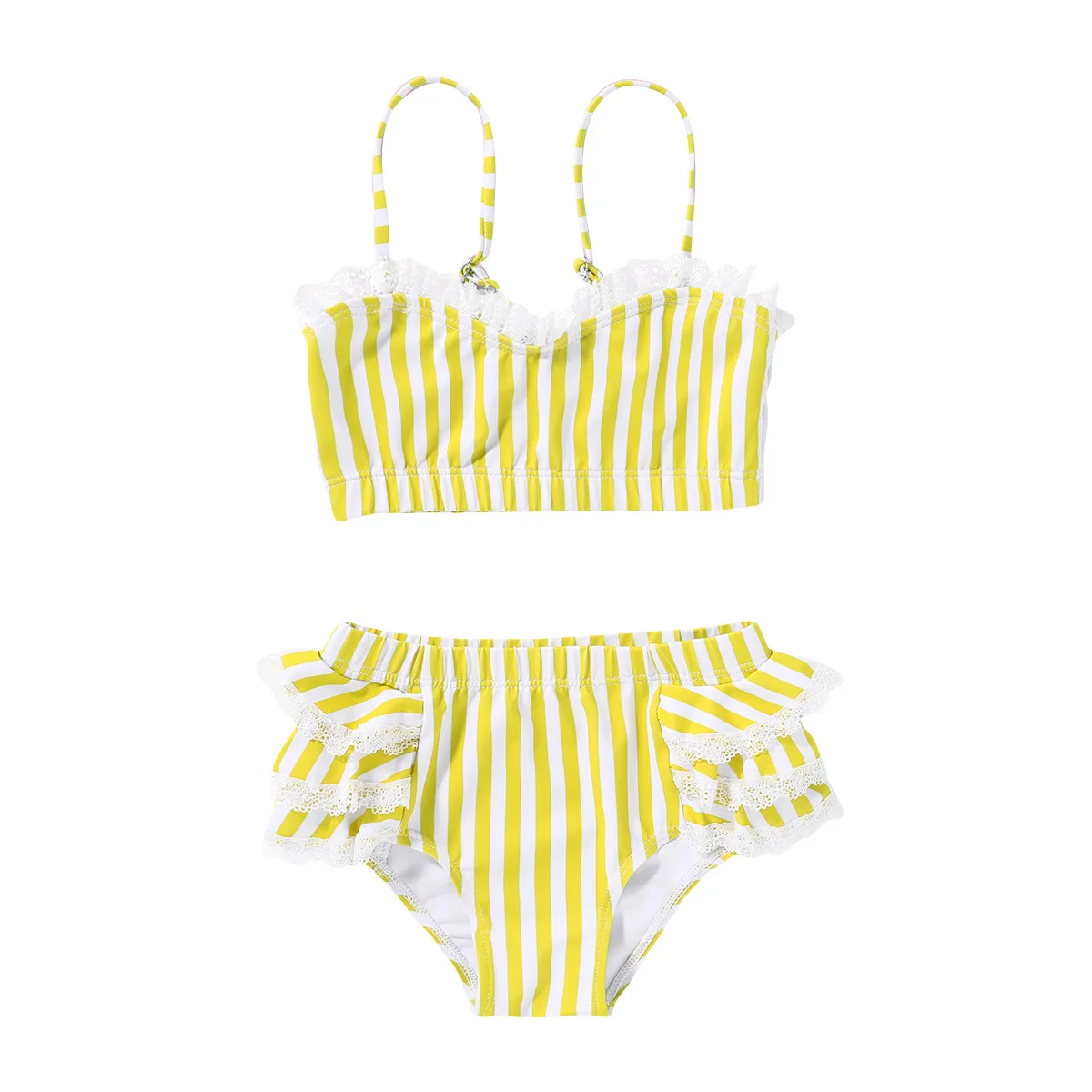 Cute Striped Sling Yellow Sleeveless Breathable Summer Bikini Kids Swimwear For Girls