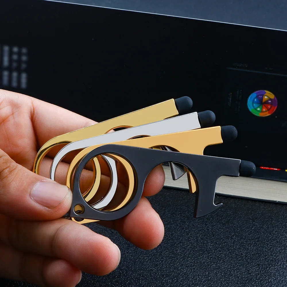 Wholesale Protect Safety Key Chain Touchless Open Door Tool Zinc Alloy Stick Door Opener Self Defense Keychain Set for Women