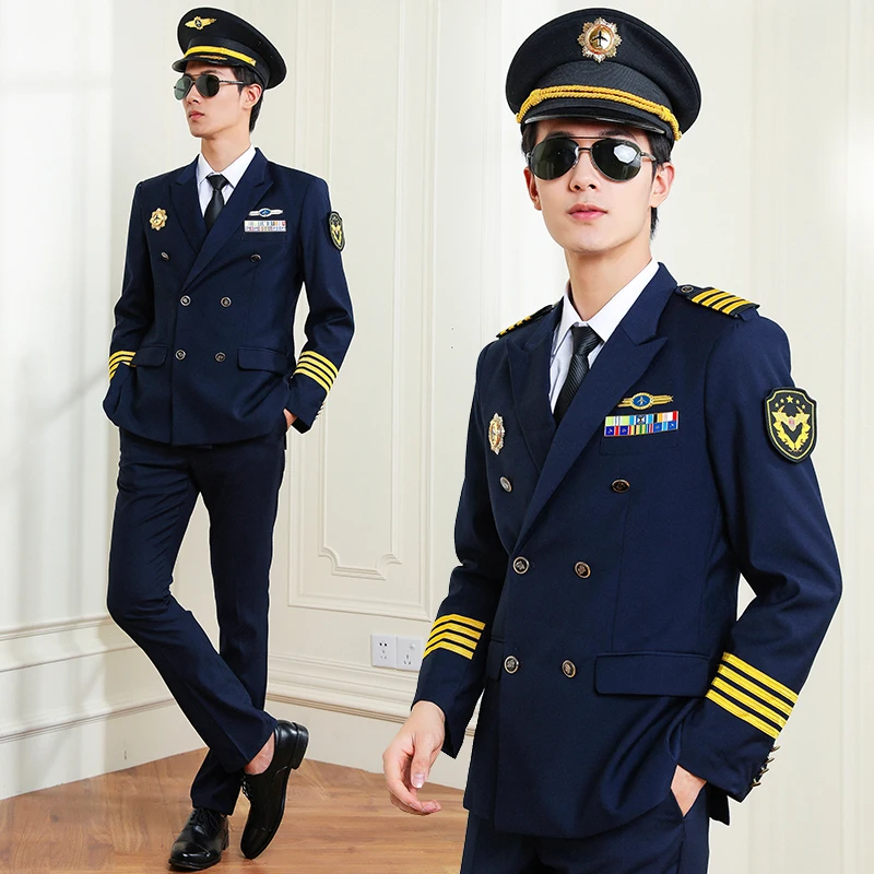 Navy Blue Double Breasted Airline Flight Attendant Aviator Pilot Jacket Suits Airline Pilot Uniforms