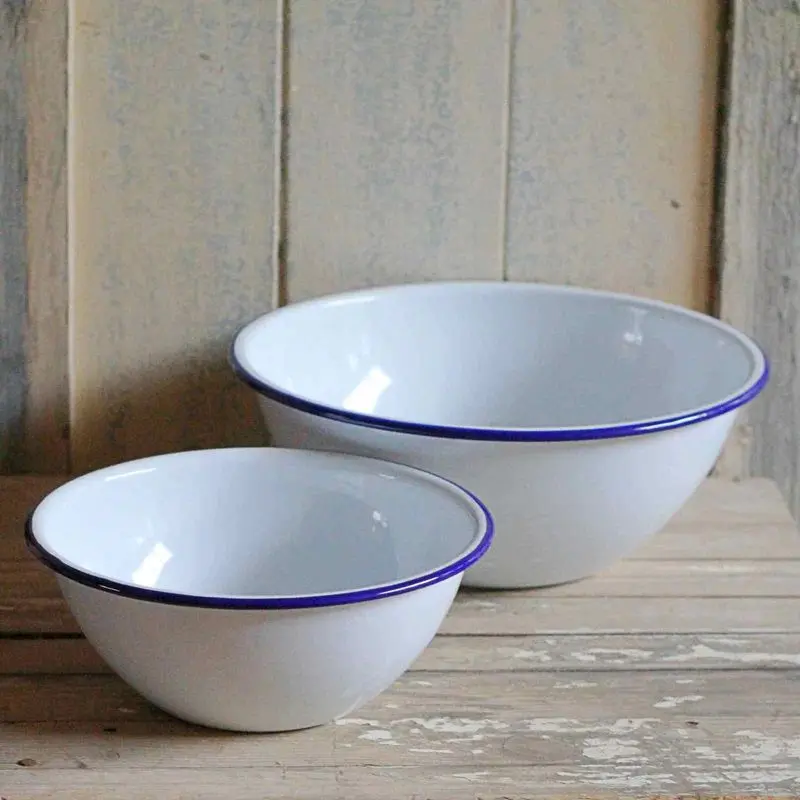 Wholesale large size solid color low price food safe printed logo camping outdoor metal enamel travel bowl