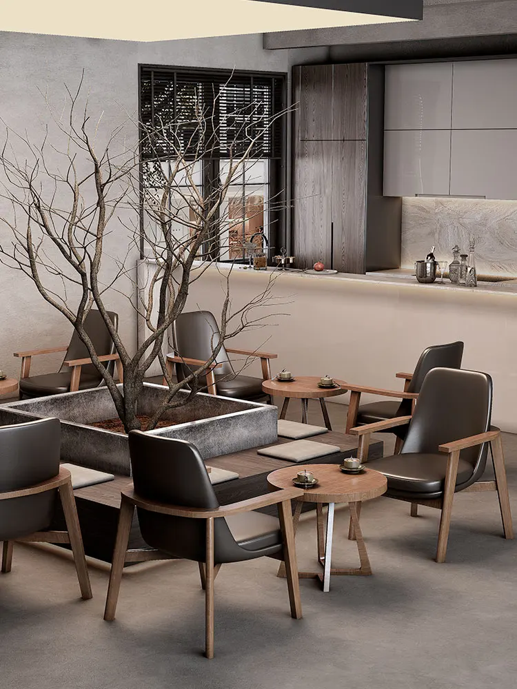 Solid Wood Catering Milk Tea Shop Commercial Cafe Table and Chair Combination Rest Area Reception Guest Negotiation Sofa