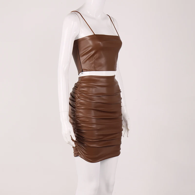 
2021 New Arrivals PU Leather Shorts Skirts Sets Women Backless Sexy Club Outfits High Waist Back Zipper Bodycon Skirts 2 Piece 