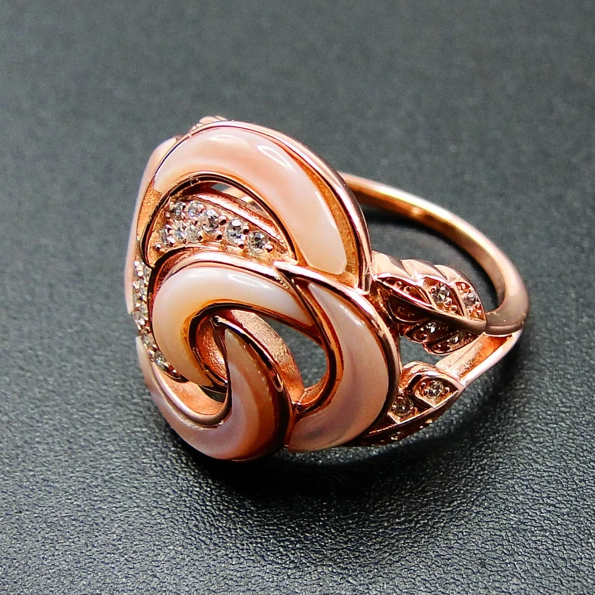 Beautiful 14K Rose Gold Kabana Inlay Pink Mother Of Pearl Engagement Ring Fine Jewelry