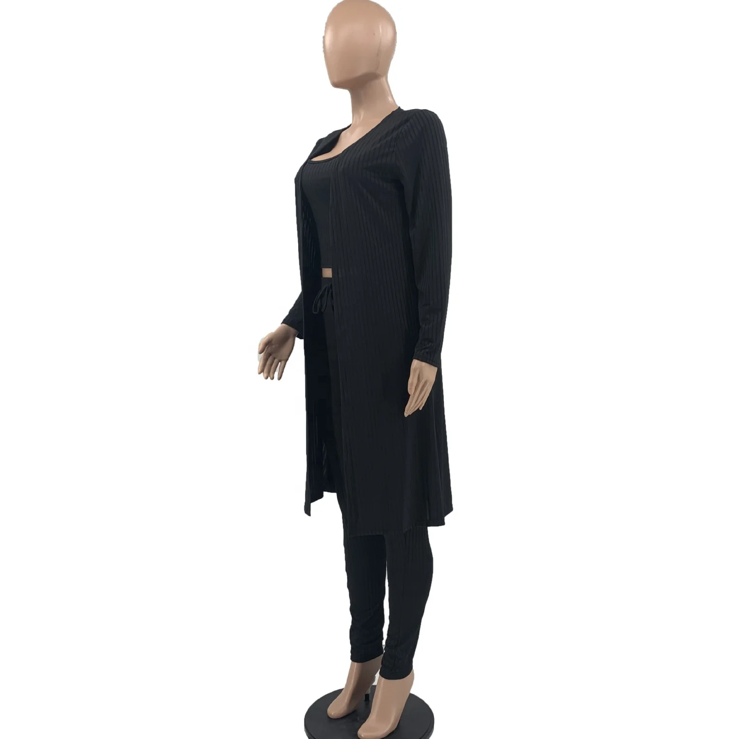 Fall Casual Clothing Sexy Crop Top Legging Pants Long Cardigan Coat Ribbed Lounge Wear 3 Piece Set Women
