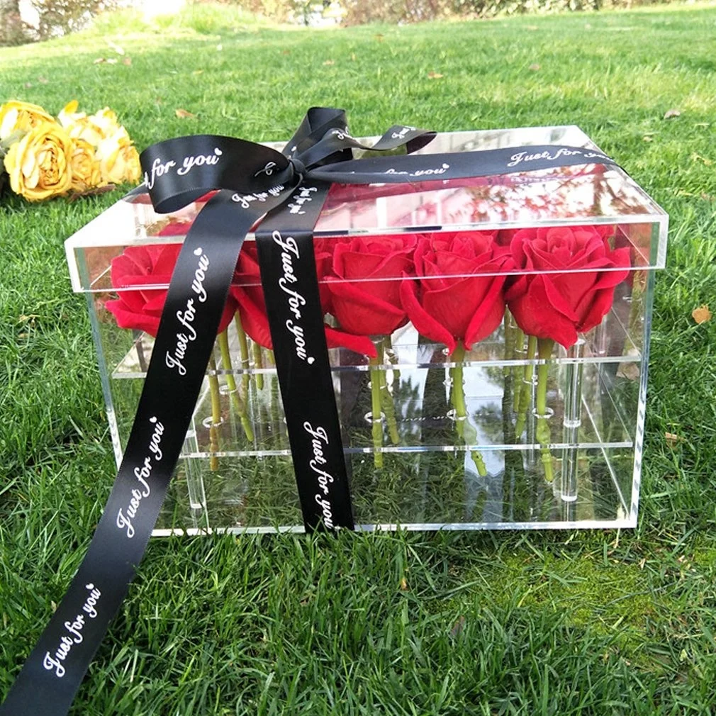 Wholesale Acrylic Square Clear Flower Box Preserved Rose Display Bridal Bouquet Large Gift Acrylic Preserved Fresh Roses Case