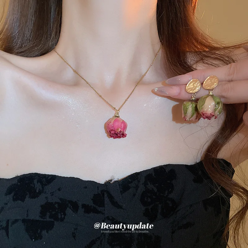 Titanium Steel Stainless Dried Rose Real Flower Ear Stud Necklace Suit Princess Style Clavicle Chain Temperament Elegant