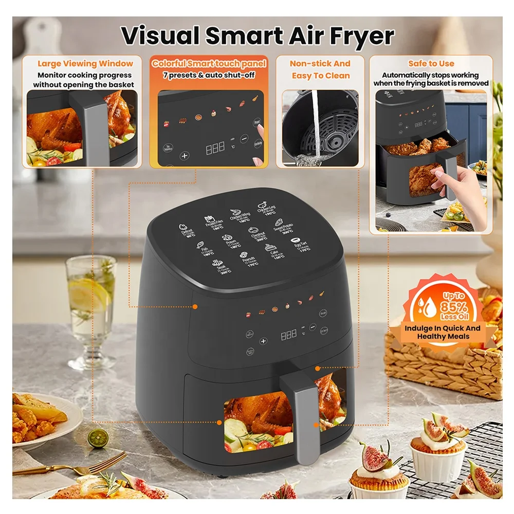 Digital Screen 4.5L Large Visible Window Fryer with 7 Colorful Preset Menus Electrical Air Fryer