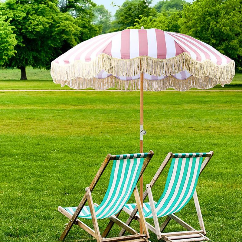 Luxury Beach Shade with Tassel Wooden Promotional Outdoor Beach Parasol Umbrella Sombrilas
