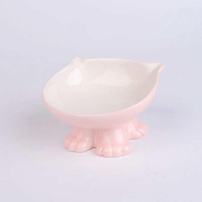 Wholesale Eco Friendly Light Pink High Foot Bevel Elevated Dog Bowl Ceramic Pet Bowl