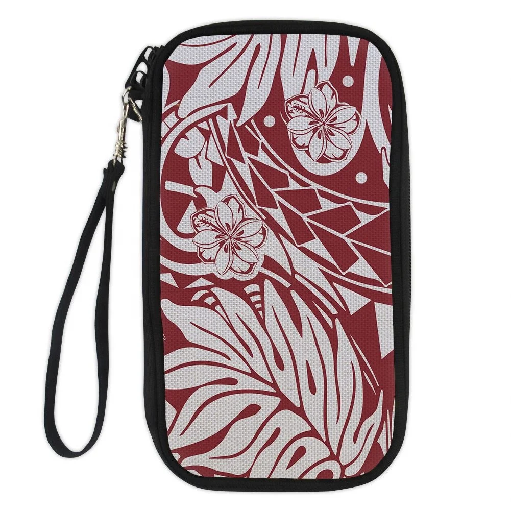 
Customised Passport Cover Hawaii Polynesian Tribal Wine Red Hibiscus Pattern Passport Holder 2021 Zipper Travel Wallet Passport 