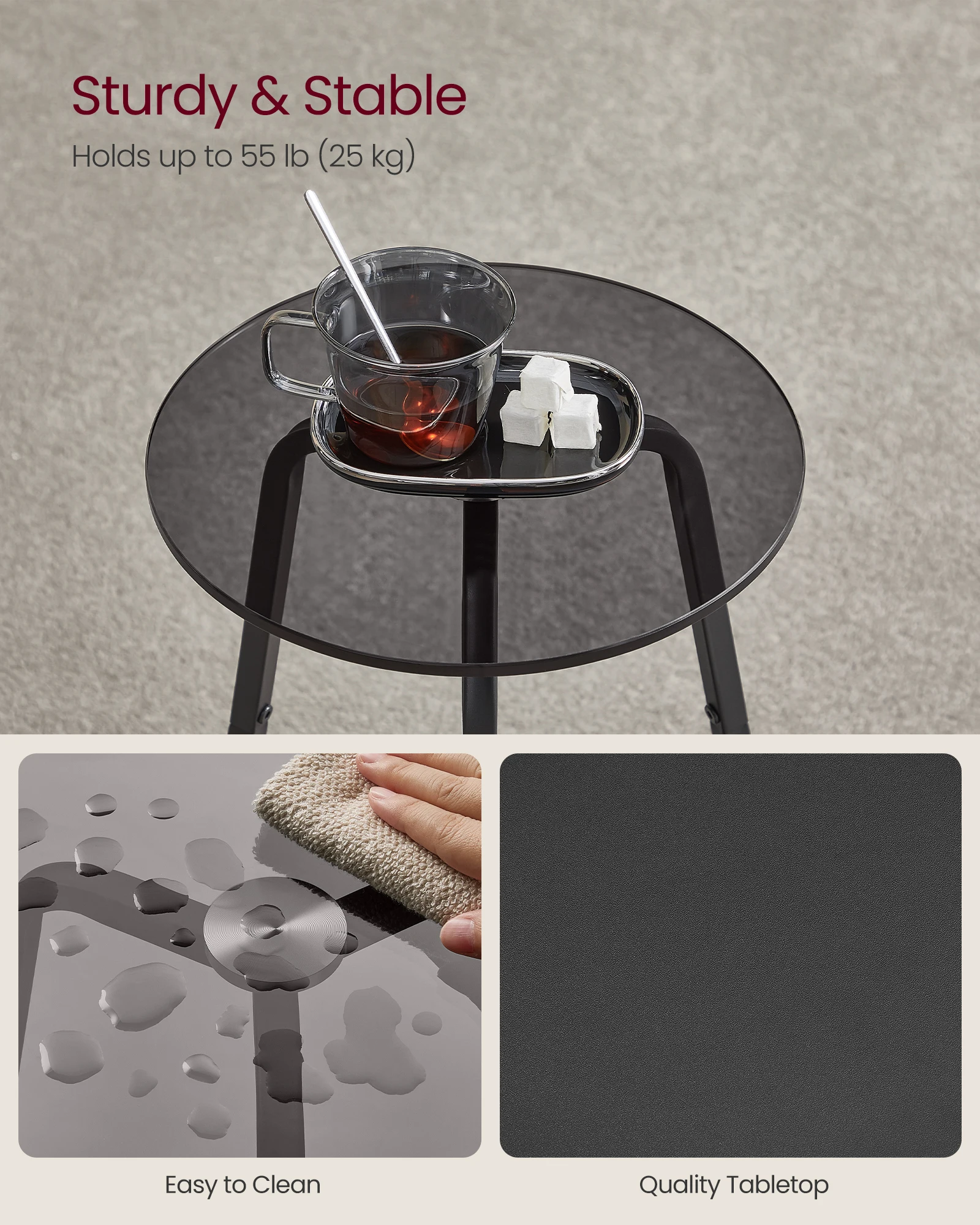 VASAGLE Round 2 Tier Nightstand Glass Tabletop Black Side Table Tall Coffee Tea End Table for Bedroom