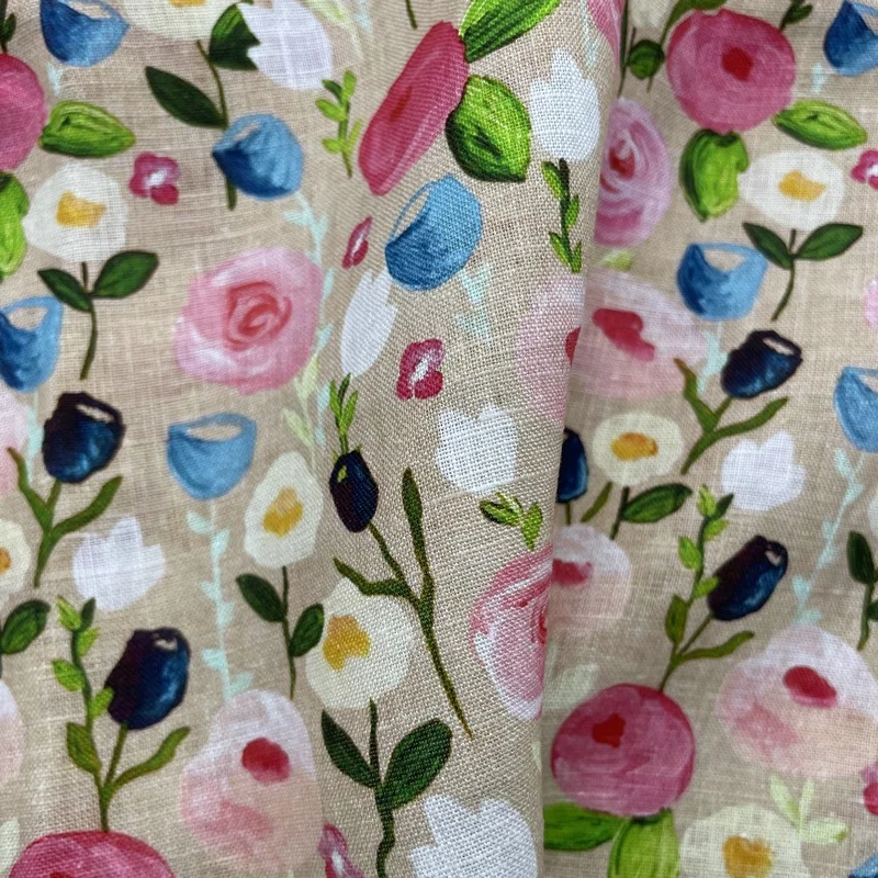 Wholesale 100% linen floral design spring flower print fabric for woman apparel