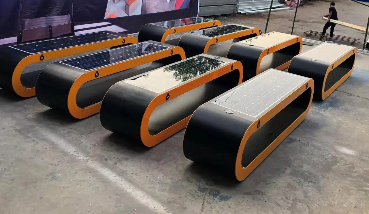 Smart bench energized by solar power with WIFI Bluetooth speaker, Wireless & USB charging, LED strip light and body Induction
