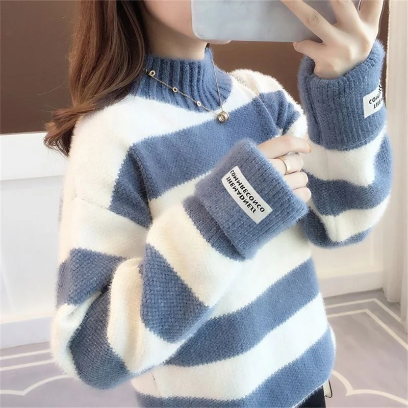 Hot Sales Colorblock Mink Velvet Sweater Pullover Women custom Winter Clothes Half Turtleneck sweater wholesale