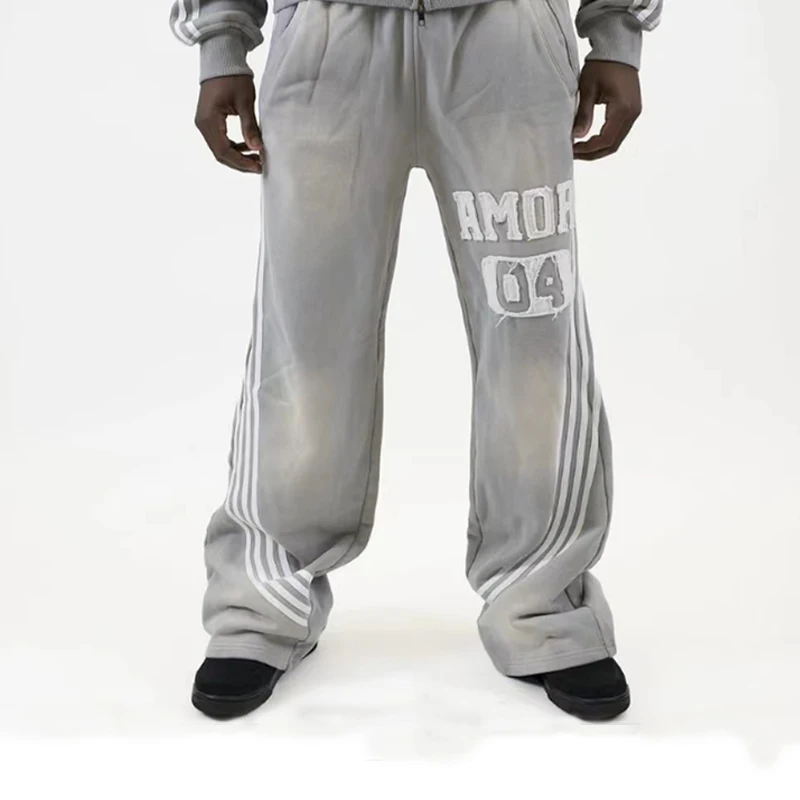 Custom Distressed Patch Embroidery Vintage Acid Wash Sweatsuit Hoodie And Straight Leg Flared Sweatpants Track Suit For Men