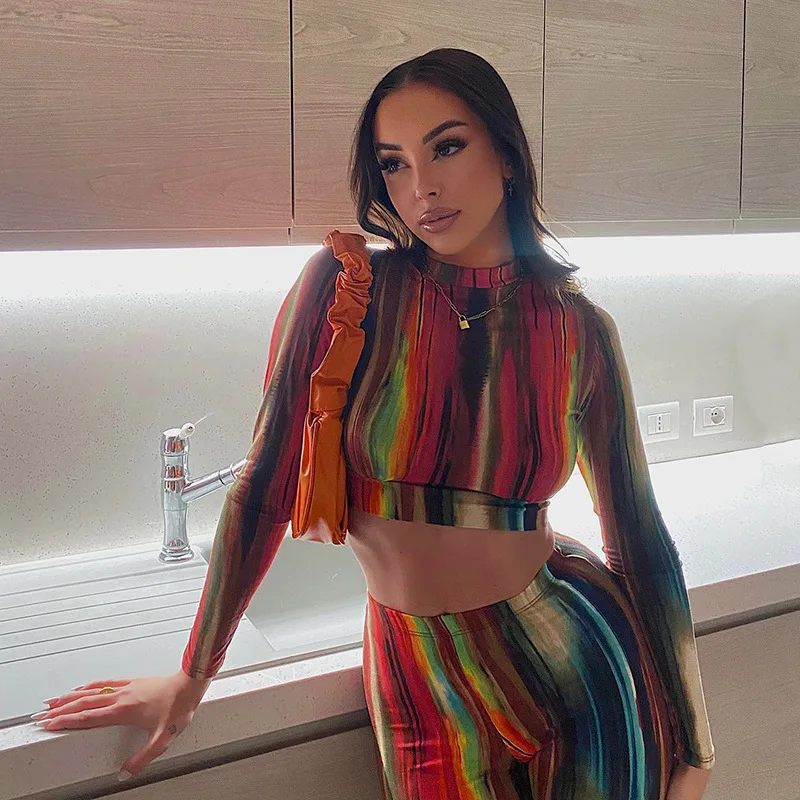 New Trendy Print Bodycon Ins Contrast Strip Woman 2 Piece Fall Outfit 2 Piece Set Women Fall 2 Pieces Set Clothing