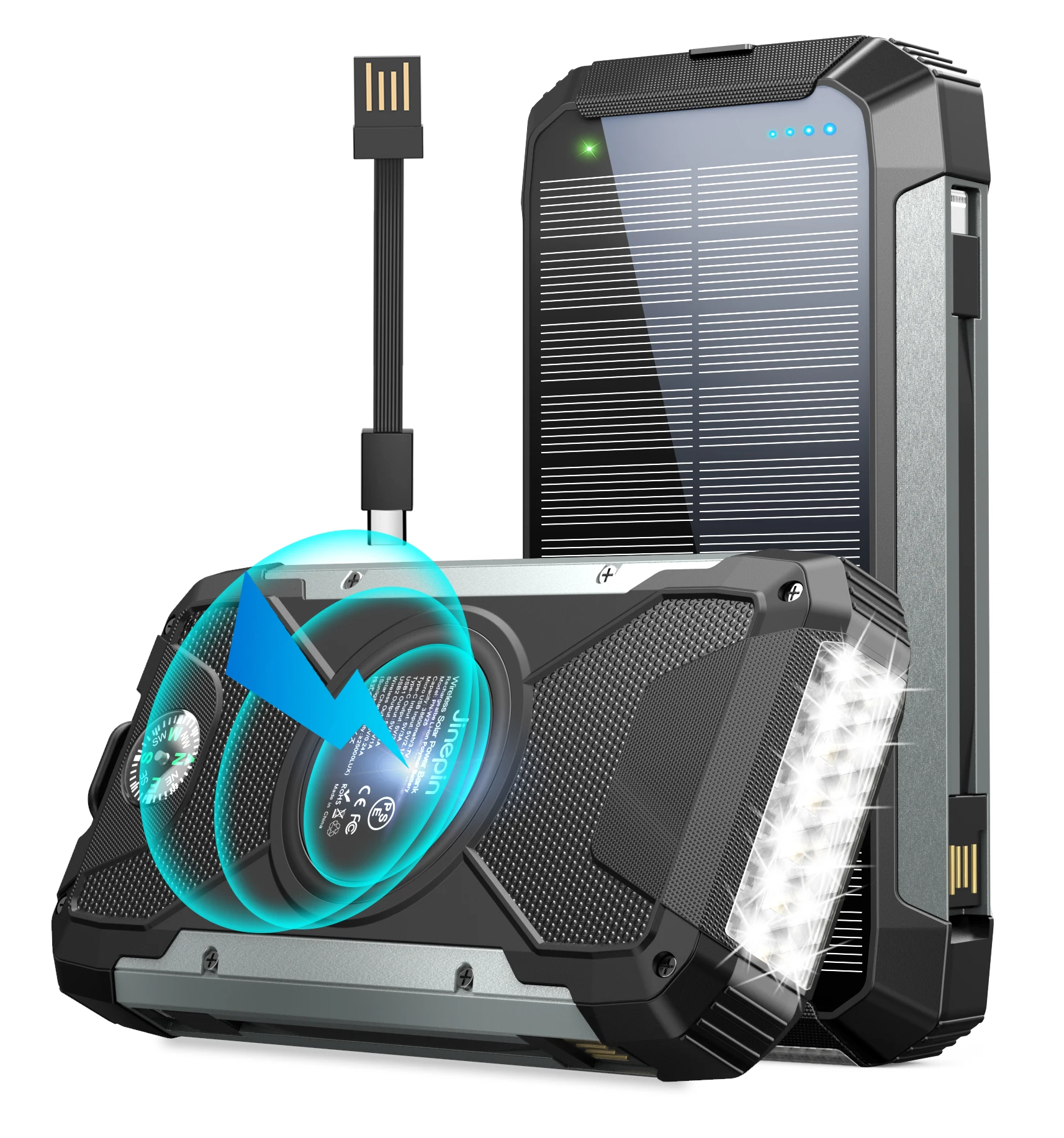 New Solar Power Bank PN-W25 20000mAh Qi Wireless Charger with  LED Flashlight Build in Cables TYPE-C USB Power Bank
