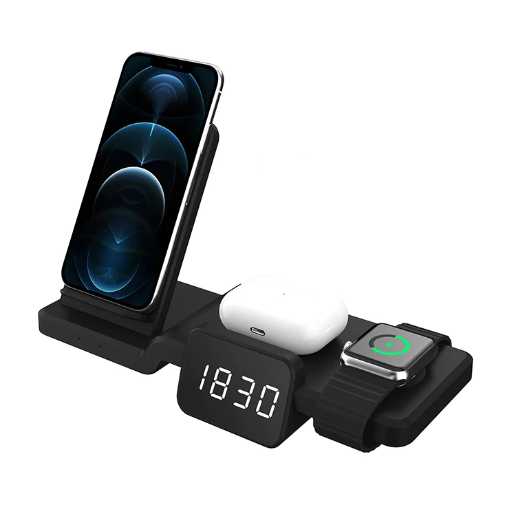 amazon hot selling Wireless Charger 5 in 1 4 IN 1 Wireless Charging Station 15W Dock Station with time clock time display c100