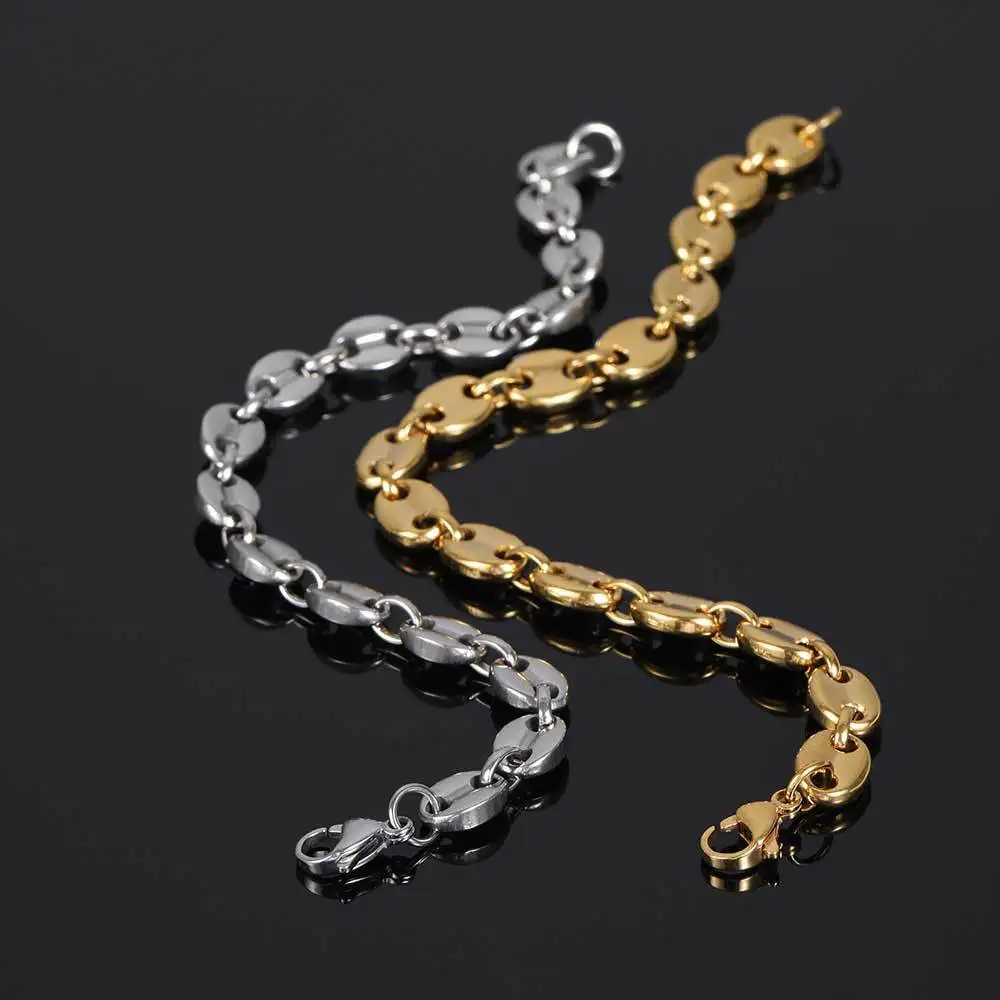 European and American hop real gold plated 8mm coffee bean necklace lobster stainless steel pig nose button