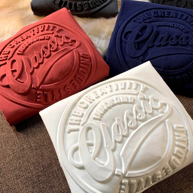 2021 Custom Fashion 3d Three-dimensional Bump Embossed Tee 100% Cotton Pullover Premium Men Custom Embossed T Shirt