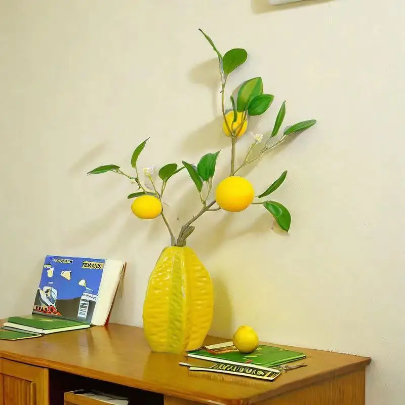 Modern Art Deco Ceramic Vase Unique Starfruit Shape in Bright Yellow Glaze Fruit-Inspired Decorative Home Pottery