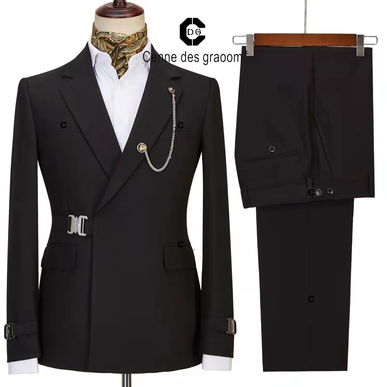 C-D-G  2022 New Men Suits Blue Jacket Trousers 2 Pieces Set Metal Side Release Buckle Elegant Wedding Evening Dress