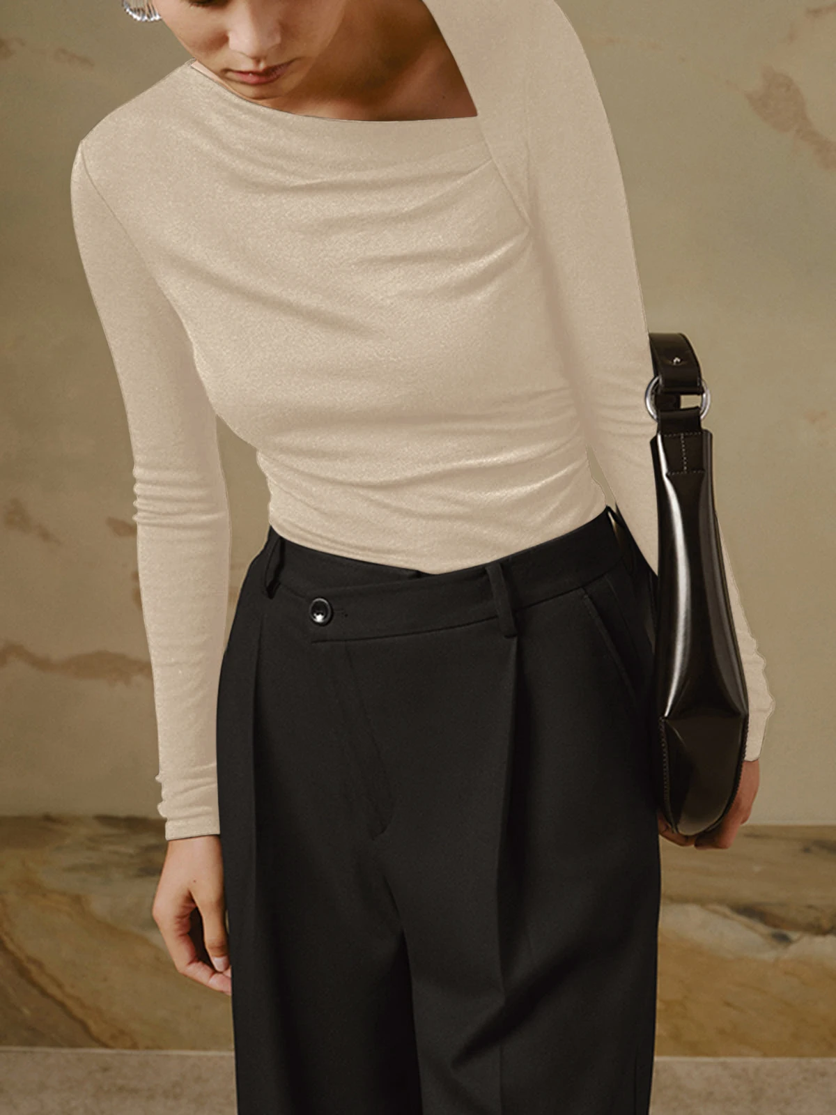 Slash Neck Tight Fit Body Tops Woman Long Sleeve T-shirt For Ladies