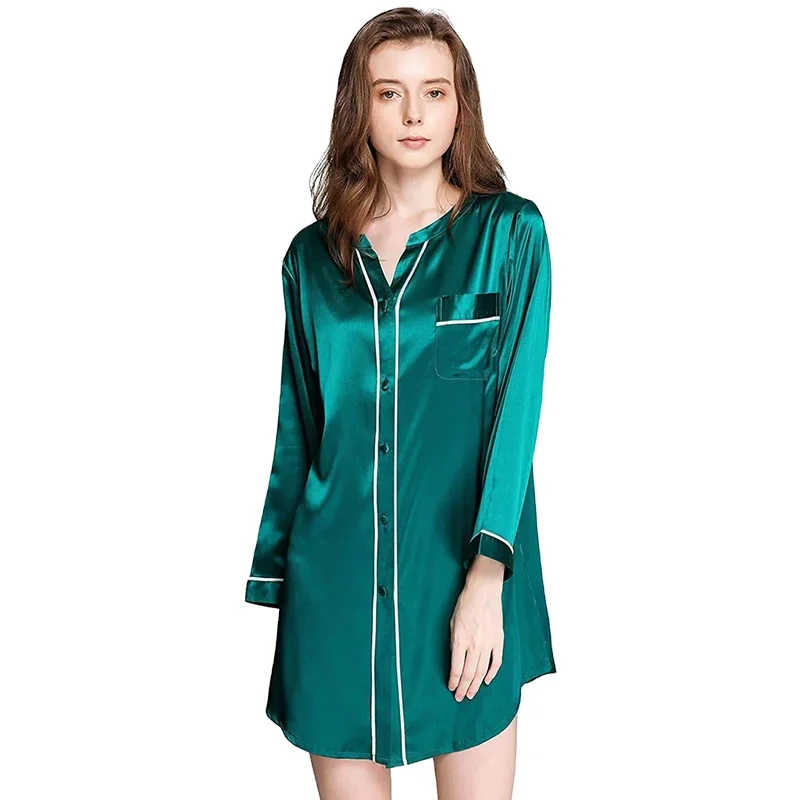 Wholesale Button Down Custom Logo Satin Sleepshirt Silk Loungewear Womens Long Sleeves Nightgown