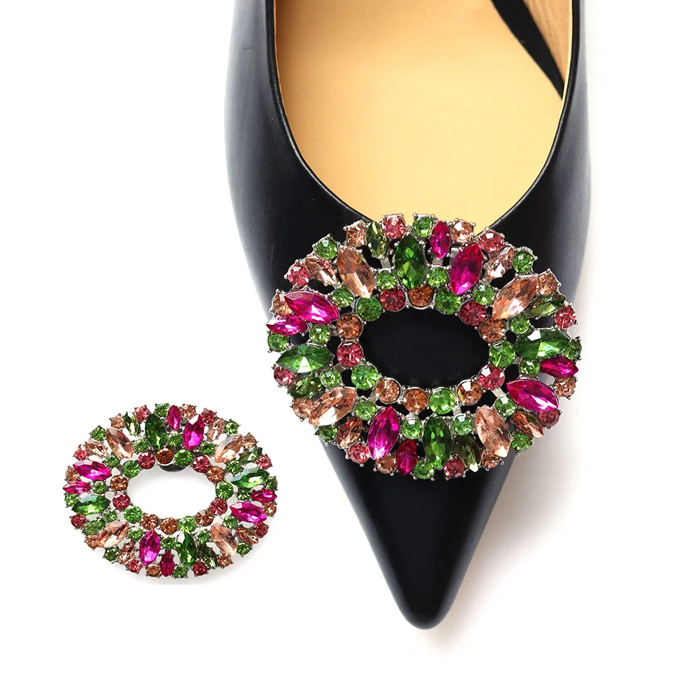 jewelry glass rhinestones double layer high quality round multi color luxury shoe buckles jewelry clips for woman for wedding