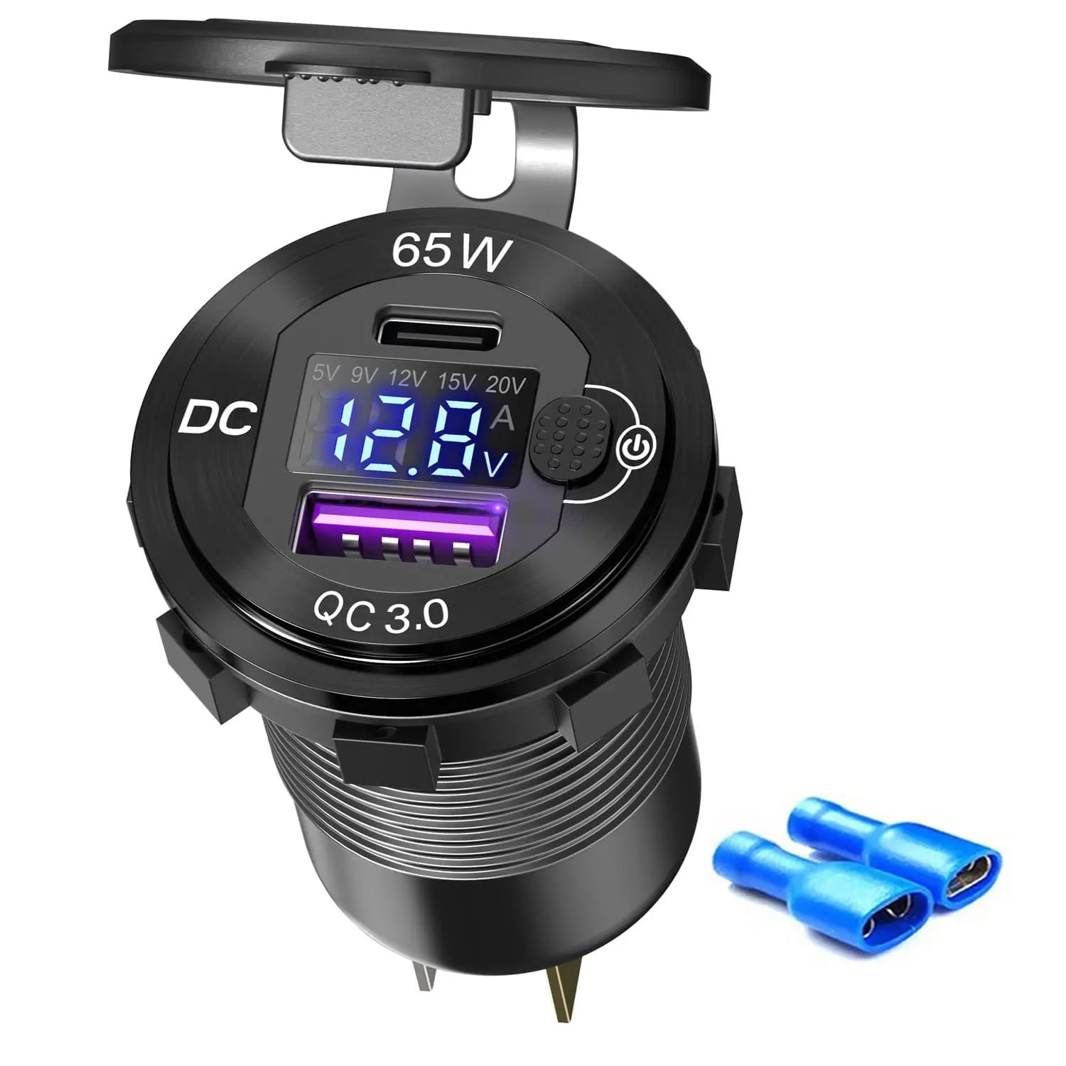 83W 12v USB Socket PD Aluminium 65w PD USB Car Charger Voltmeter Socket with USB Outlet Charger  for Cars