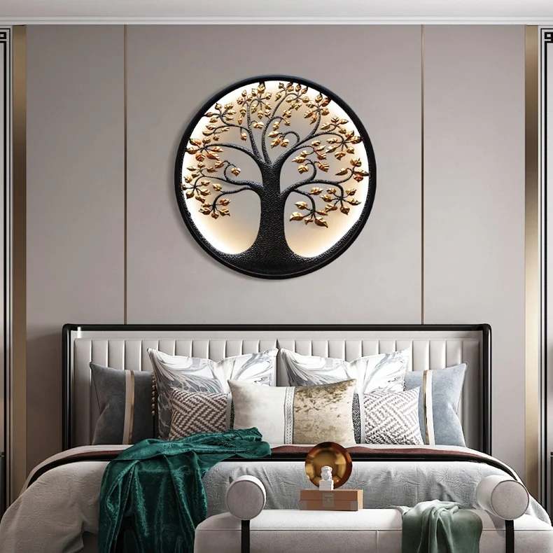 2022 New Trends Round Luxury Led Light Tree of Life Metal Wall Art Decoration
