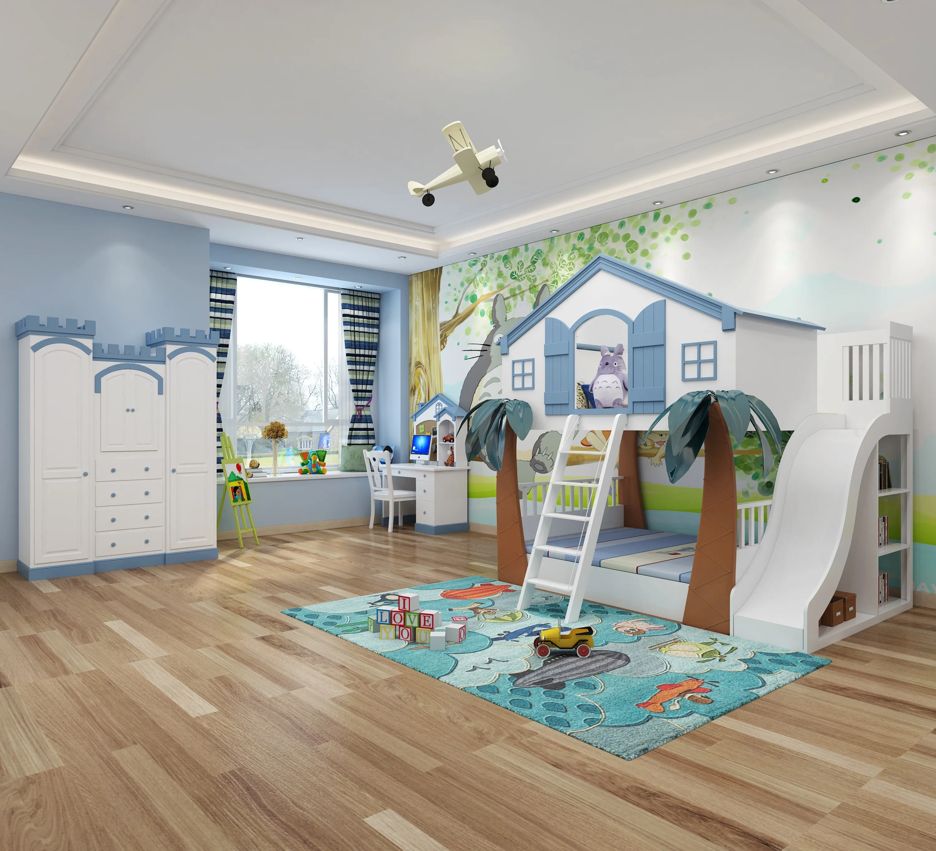 Modern Treehouse style kids up and down bed furniture pink solid wood kids bed Children bunk bed with Slide