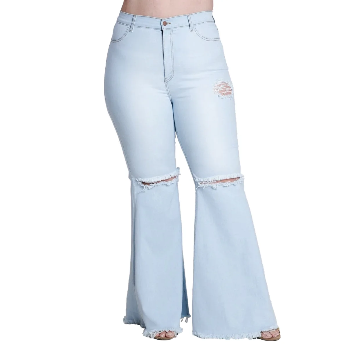 
Fashion plus size High waist stretch butt lifting distressed knee hole denim baggy wide leg flare jeans pants 