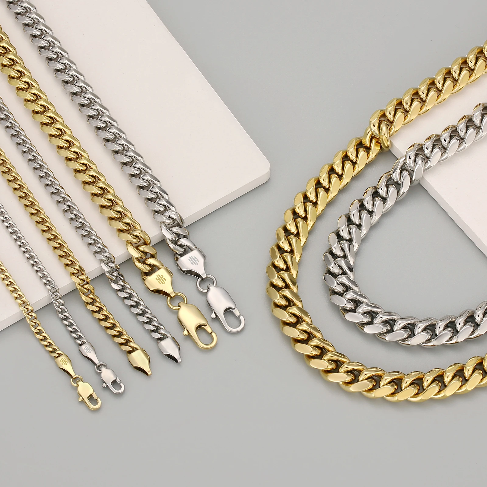 Boys Women Hip-Hop & Cool Style 14K Gold Plated 316L Stainless Steel Necklace 3mm 5mm 8mm 10mm Miami Mens Cuban Link Chain