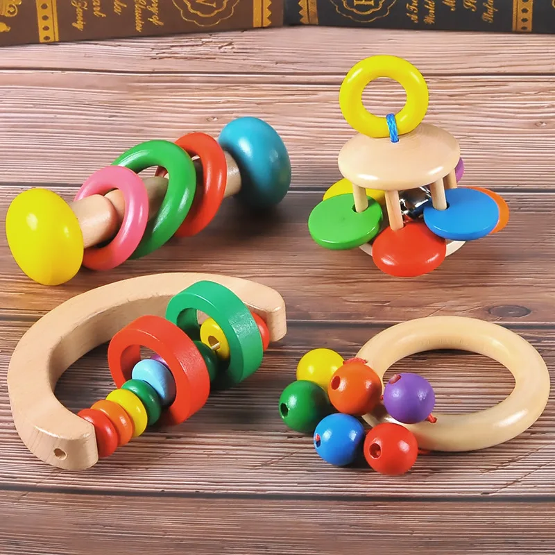 4 Styles Montessori Kid Baby Toys Bell Wood Rattle Toys Handbell Musical Educational Instrument Toddlers Rattles Handle Baby Toy
