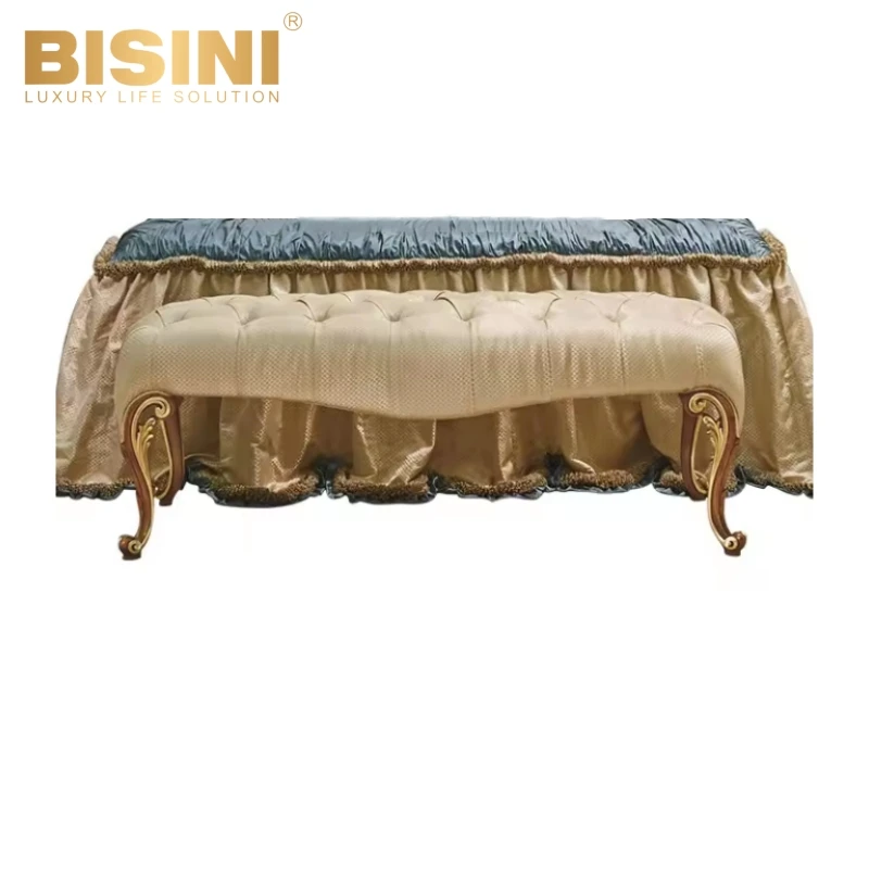 Traditional French Baroque Style Royal Villa Home Handcrafted Wood Carved Fabric Bed Foot Stool Bedroom Bed Set Beige Bench