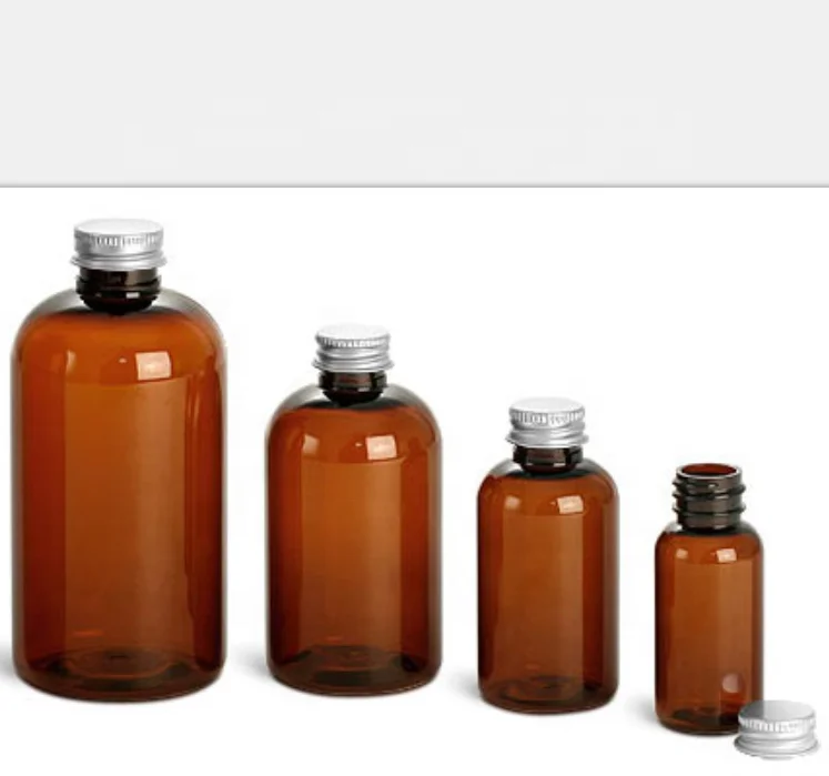 Plastic Bottles, Amber PET Boston Rounds with Lined Aluminum Caps(1.2.4.8.16)
