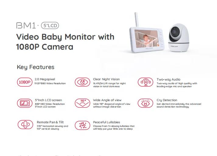 Foscam hello wireless video long range baby monitor 500m transmission distance 5 inch 1080P for