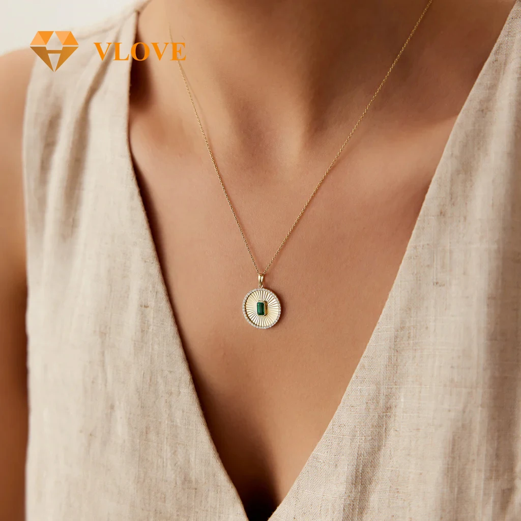 VLOVE Charm Jewelry Diamond Necklaces Jewelry 14K Emerald and Diamond Medallion Necklace